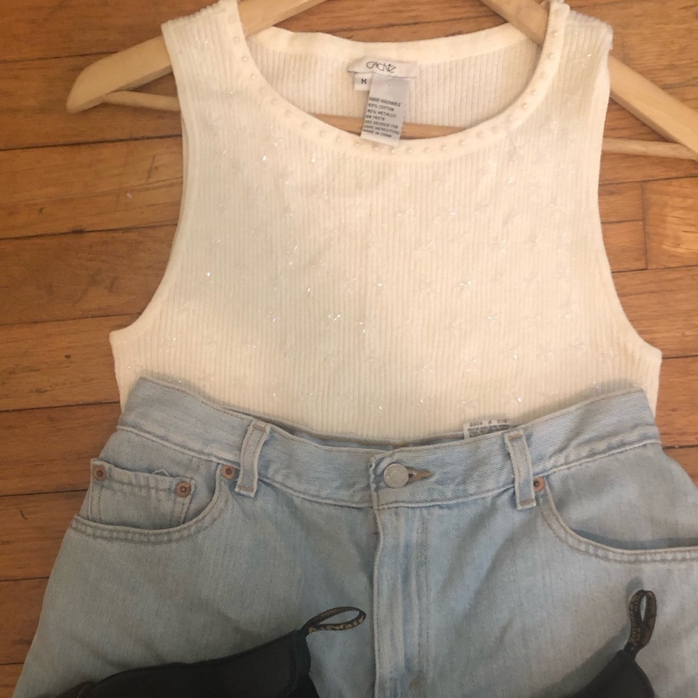 Cache Pearl Flower Beaded Embroidered Ribbed Sparkly White Tank Top Y2K
